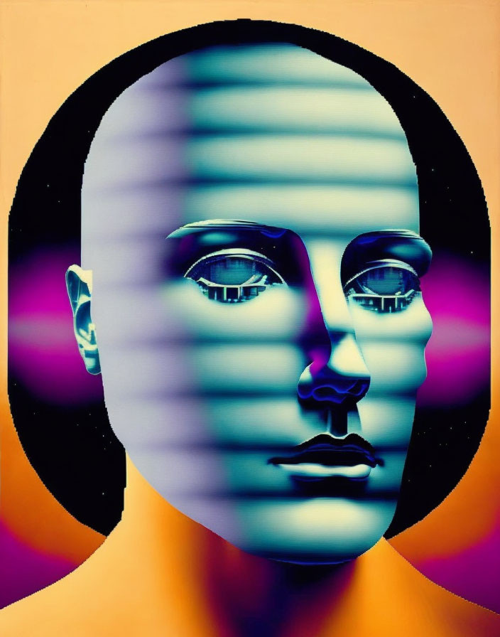 Human face digital art with striped shadow on warm gradient background