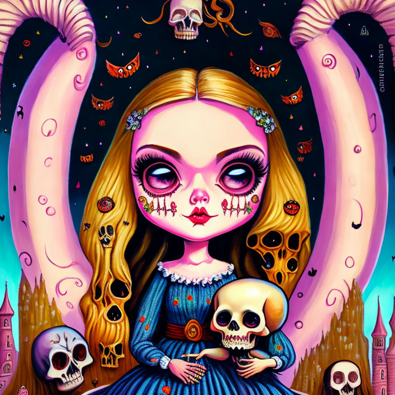 Whimsical girl with large eyes in skull makeup surrounded by dark elements