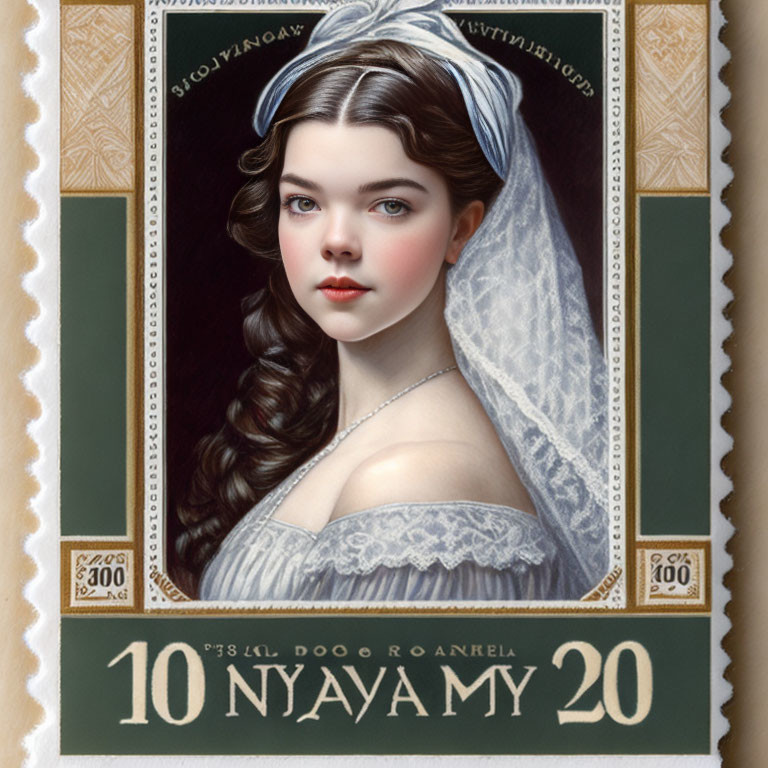 Vintage-style stamp illustration of young woman with headscarf, lace collar, and braid on 