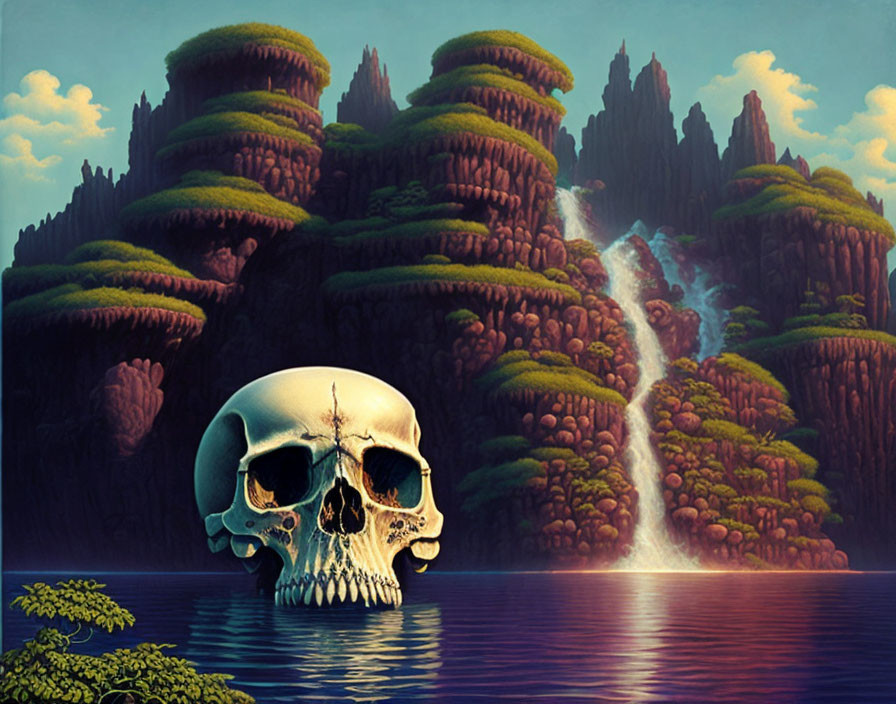 Skull in surreal landscape with waterfalls, cliffs, and greenery reflected in lake