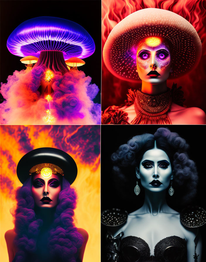 Vibrant panels: Glowing jellyfish, woman with theatrical makeup, Egyptian-style headwear.