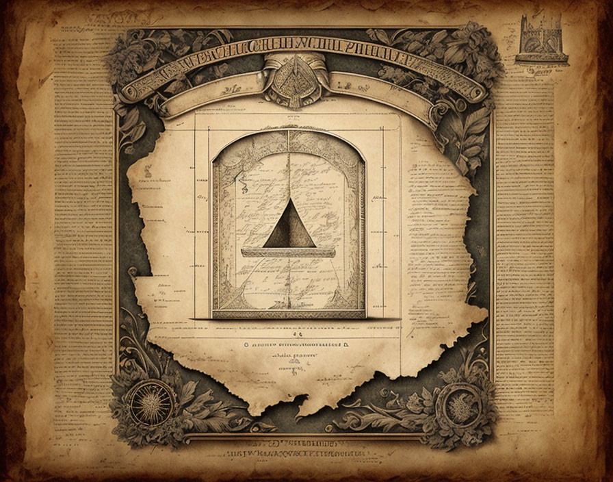 Vintage-style illustration of torn parchment with pyramid on circular map and ornate decorative elements.