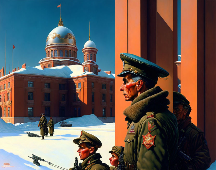 Military officer and soldiers in snowy Soviet-era scene.