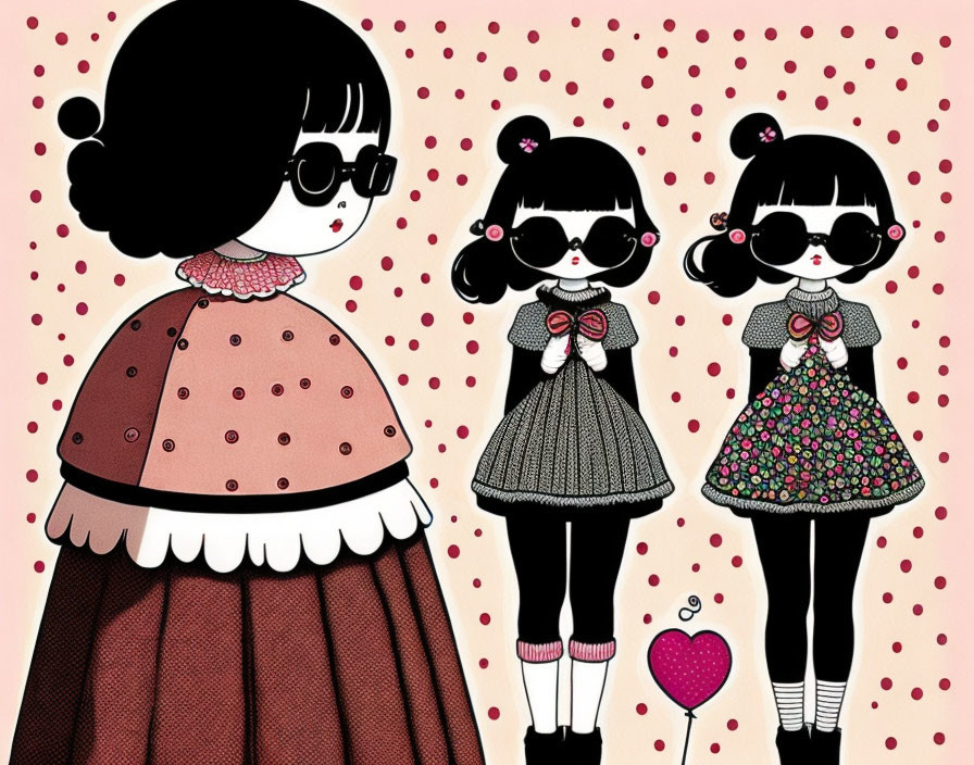 Stylized girls in vintage dresses with heart balloon on polka-dot background