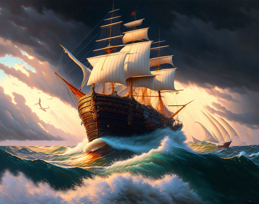 Sailing Ship with Billowing Sails on Stormy Ocean Waves