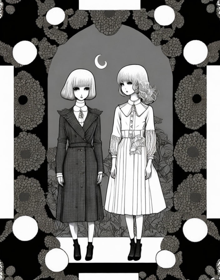 Vintage style black and white illustration of two women under a crescent moon in floral border