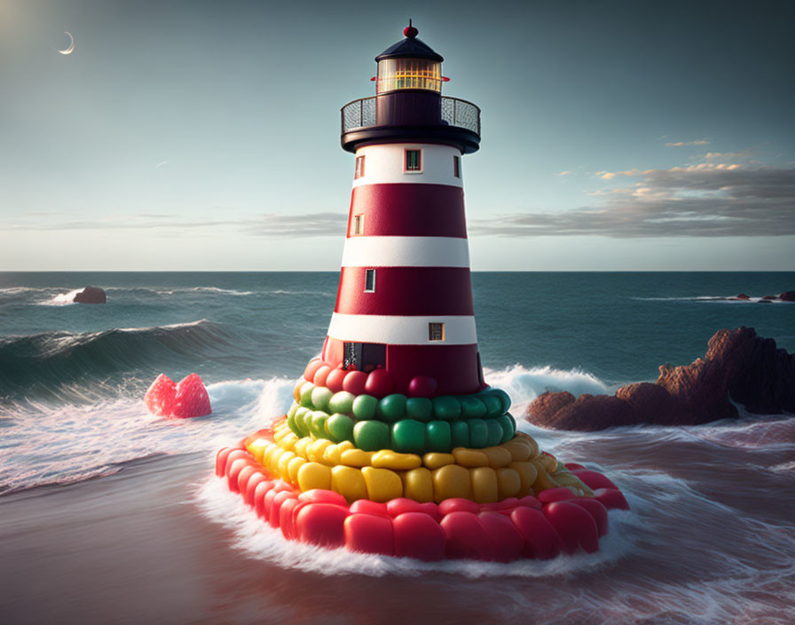 Whimsical lighthouse on colorful tiers in ocean with crashing waves and serene sky