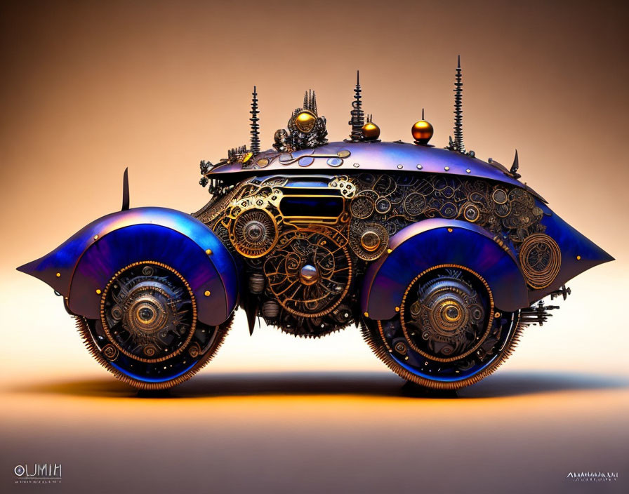 Futuristic vehicle digital artwork with ornate gears and metallic textures