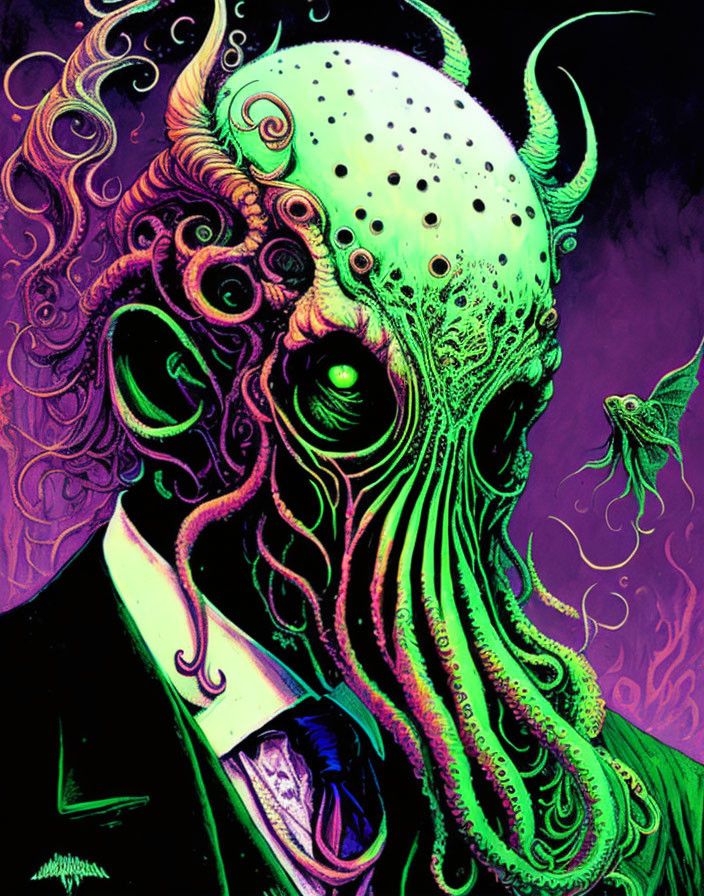 Figure with Octopus-Like Head in Neon Colors & Green Skin Suit