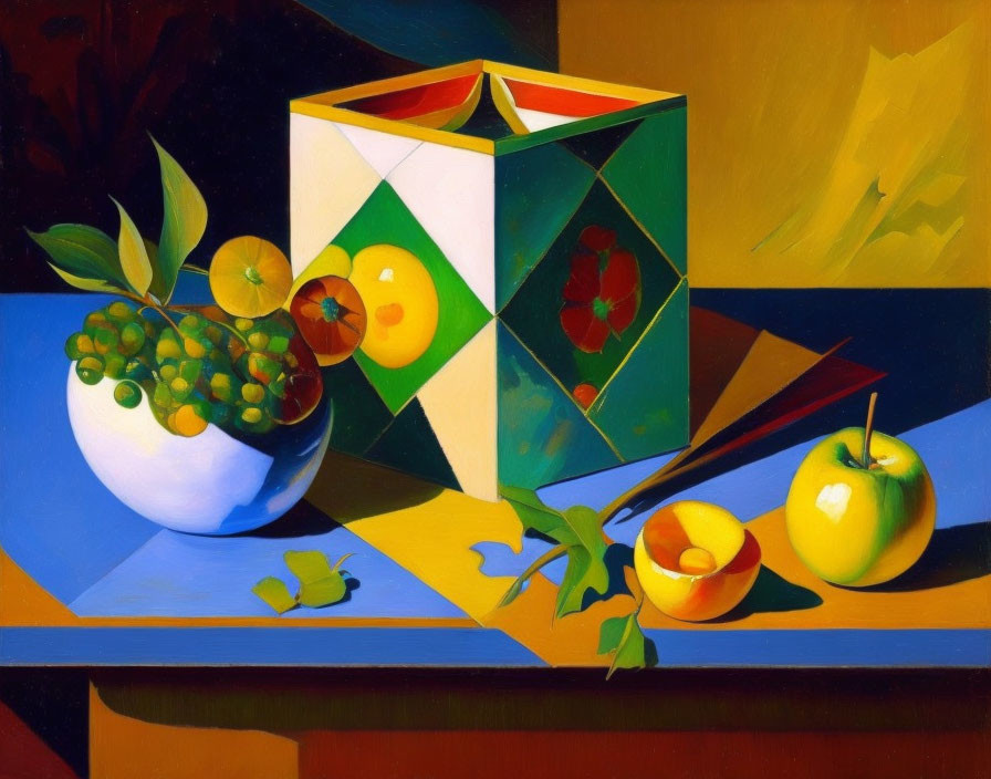 Colorful Still Life Painting with Geometric Container and Fruit