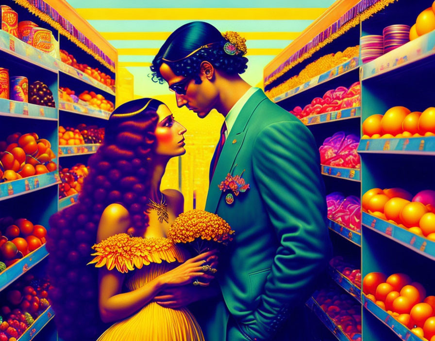 Colorful Grocery Aisle Embrace Illustration