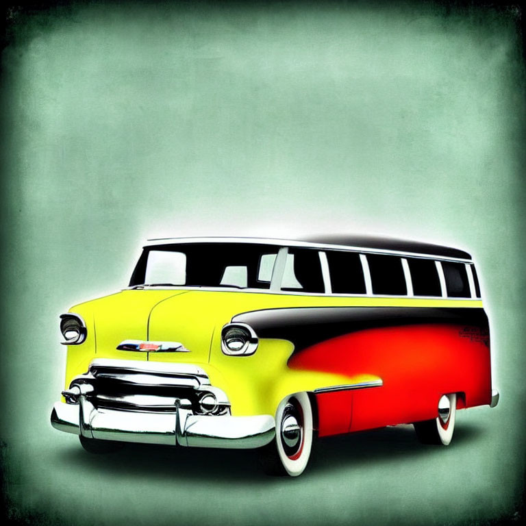 Stylized illustration of classic yellow and red Chevrolet bus on soft green background