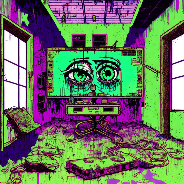 Colorful Psychedelic Room Illustration with Neon Green and Purple Palette