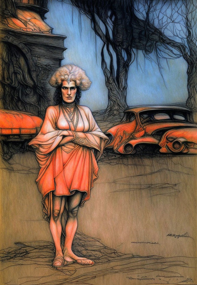 Illustrated figure in historical clothing with modern car wreckage and barren trees.