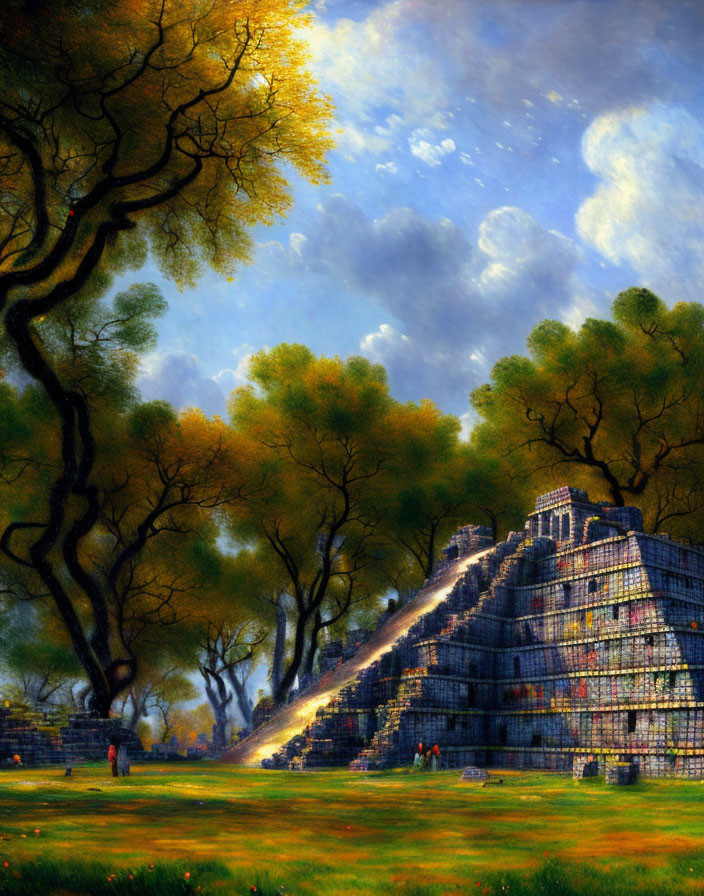 Ancient pyramid in lush forest with explorers and vibrant trees