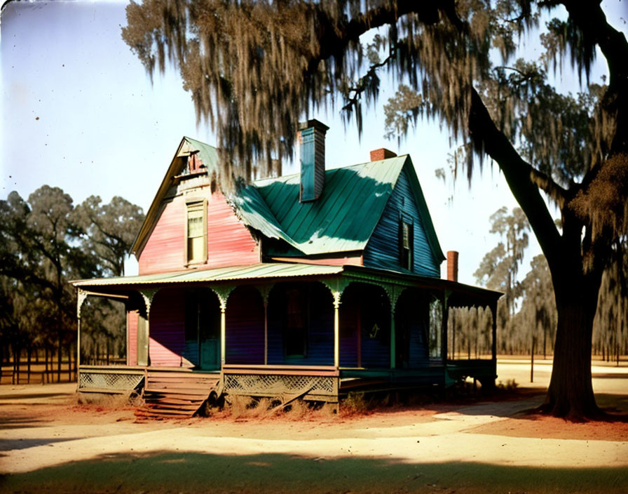 Colorful Wooden House with Porch Surrounded by Trees and Spanish Moss