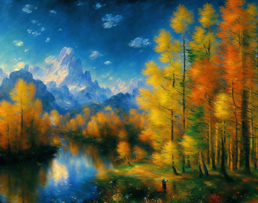 Autumn forest painting with golden trees, river, mountain, and figure