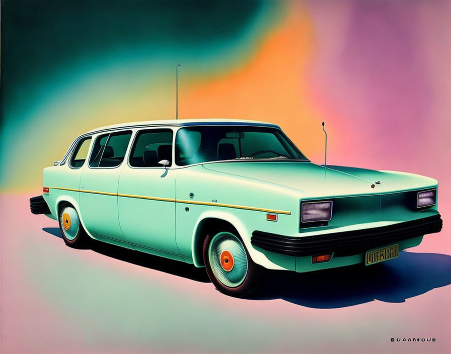 Vintage Teal Sedan with Orange-Accented Wheels on Pink and Orange Gradient Background