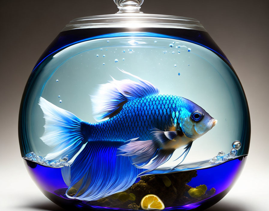 Blue Betta Fish Swimming in Round Glass Bowl on Beige Background