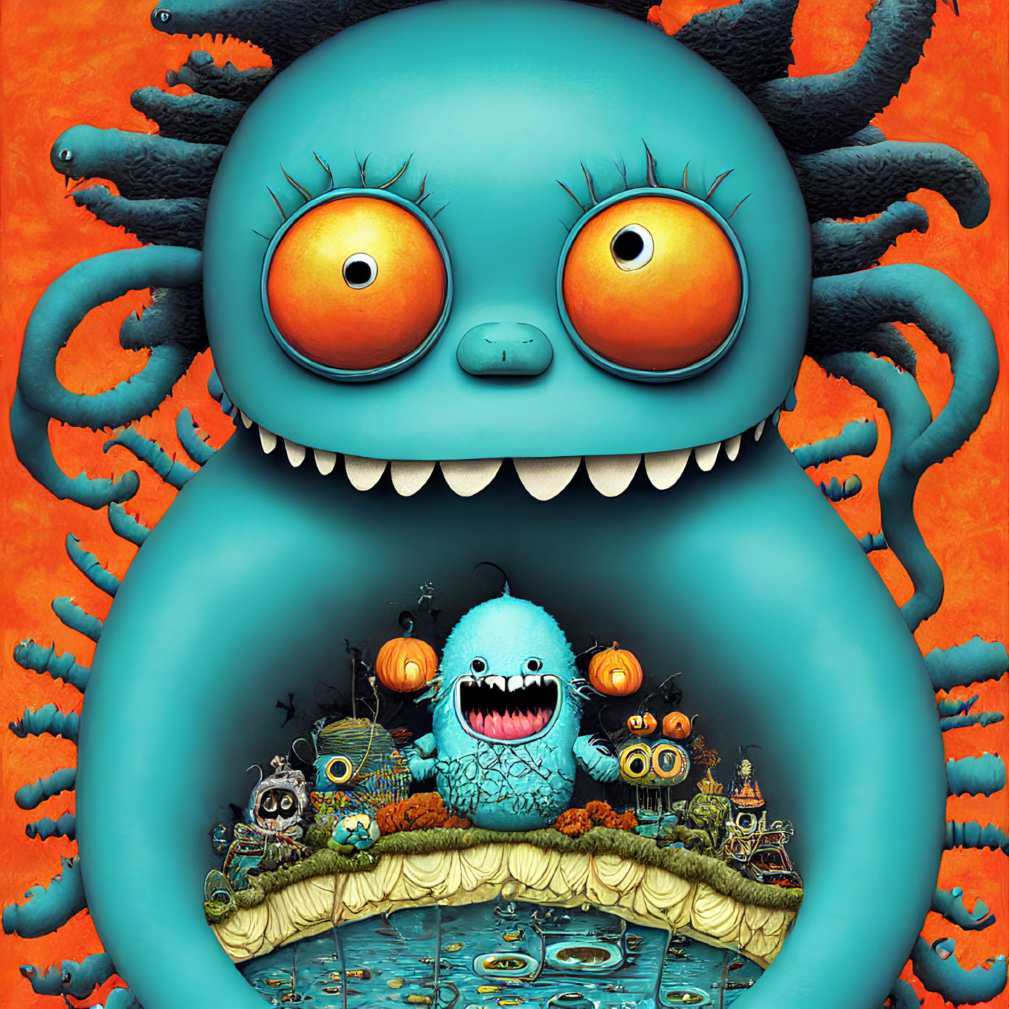 Colorful whimsical blue monsters with oversized eyes and quirky smiles in a Halloween setting.