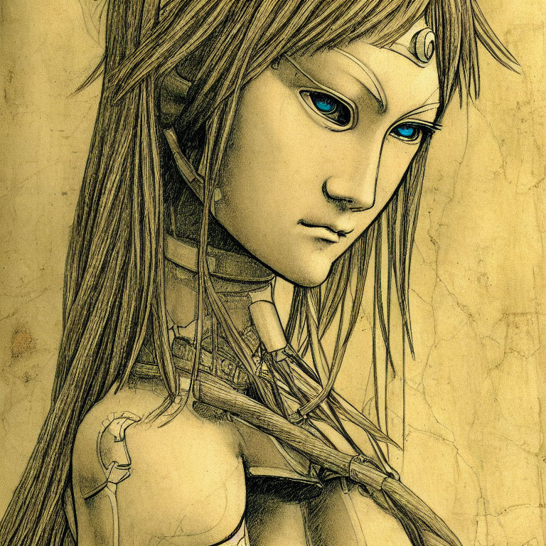 Sepia-toned sketch of female character with facial markings, blue eyes, and long hair