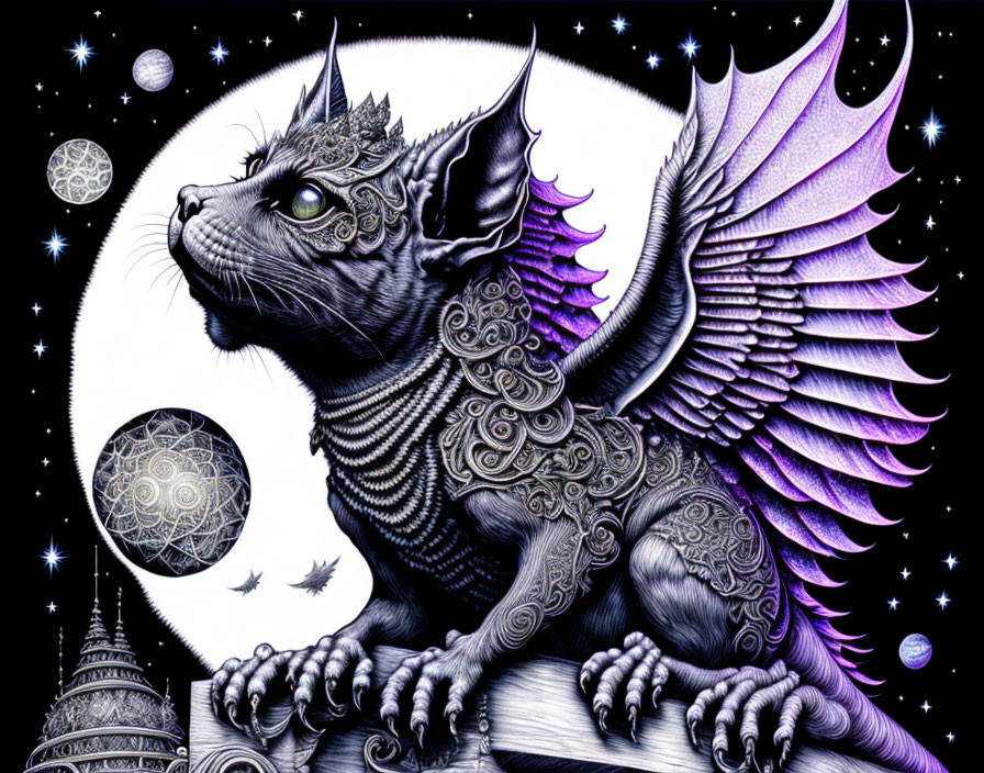 Winged black cat with intricate patterns in cosmic setting