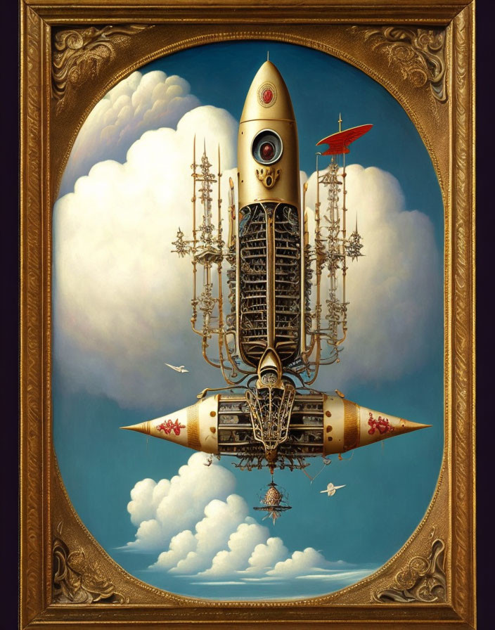 Steampunk-style rocket with propellers and balcony soaring in ornate gold frame