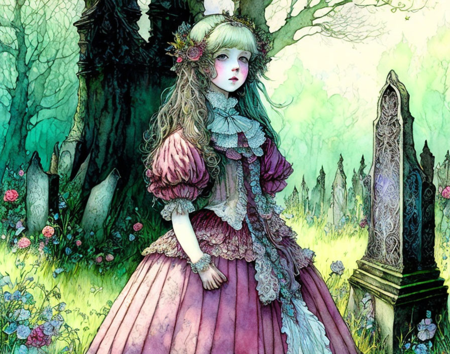 Victorian-style pink dress girl in mystical forest with flowers and stone column