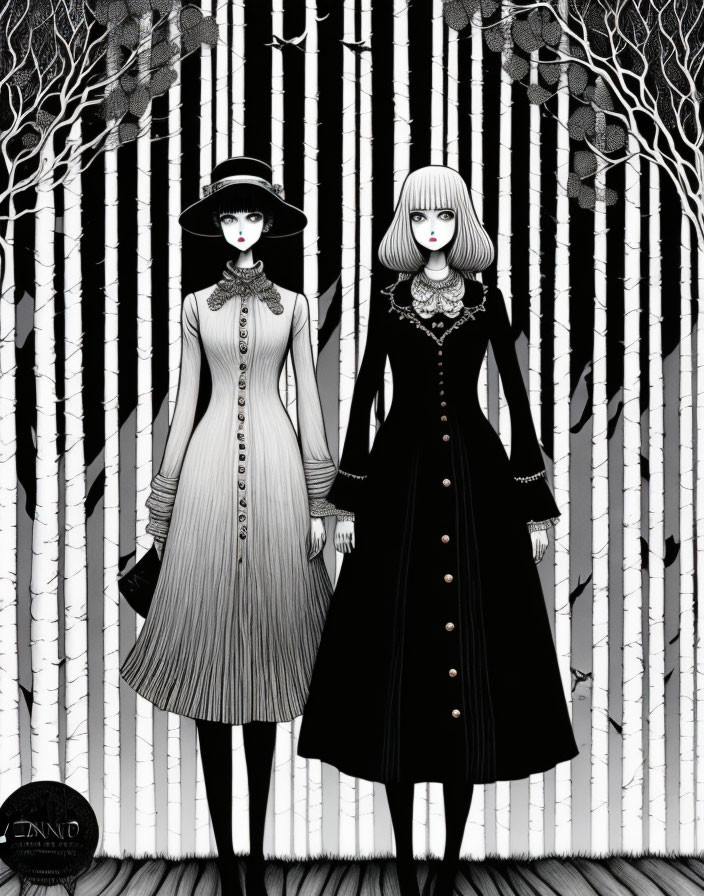 Stylized Victorian figures in monochromatic forest setting