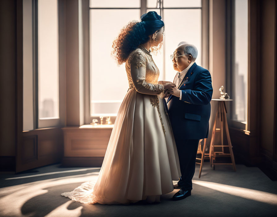 Elderly man and young woman in blue suit and cream gown by window