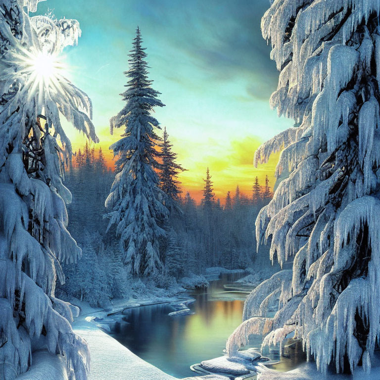 Winter Scene: Snow-covered Trees, Sun Rays, Frozen River at Sunset