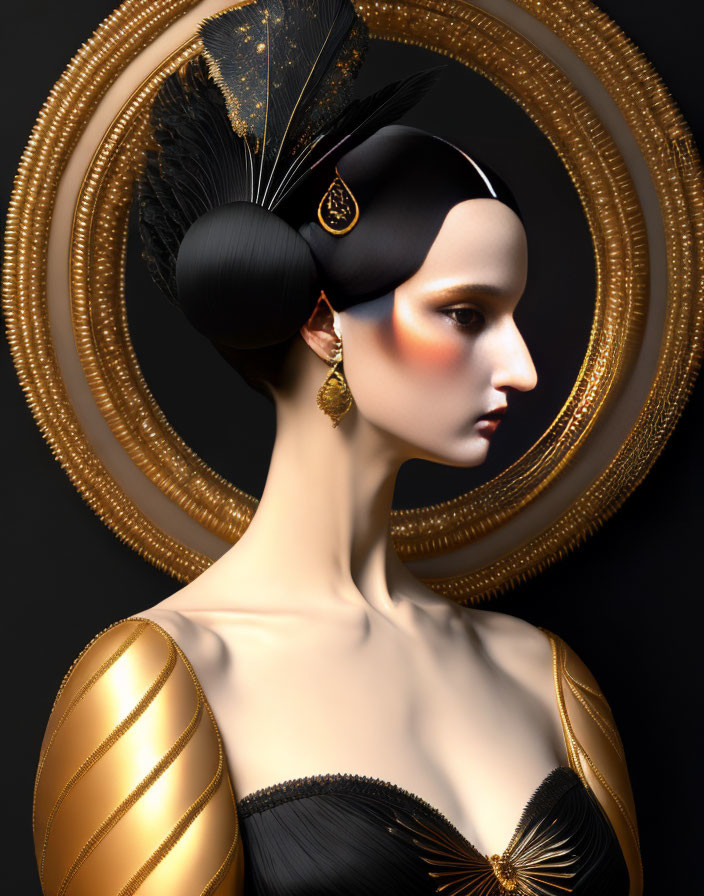 Digital Artwork: Woman with Black & Golden Stylized Headpiece