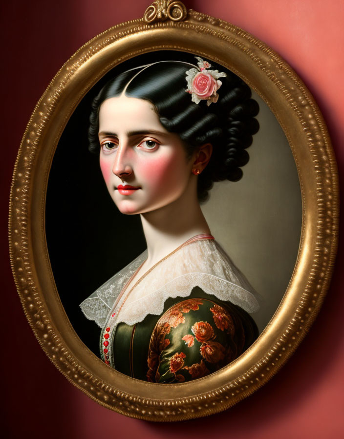 Classical portrait of woman with rose in hair, green dress, gold oval frame & red backdrop