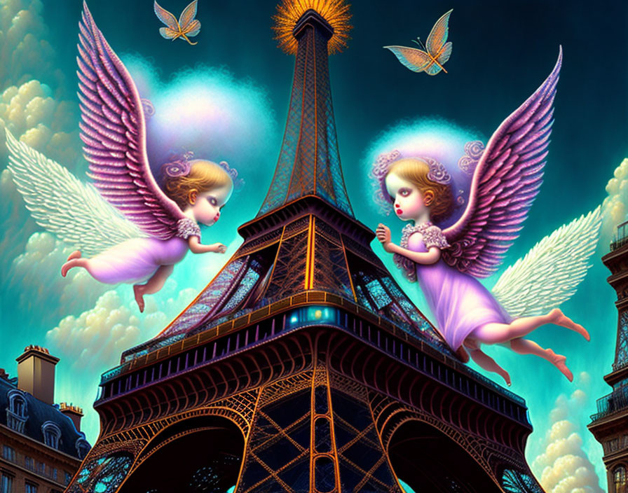 Animated angelic figures with wings near Eiffel Tower under dramatic sky and glowing butterflies.