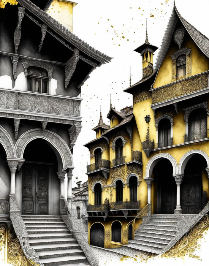 Ornate Victorian-style house with yellow and black design