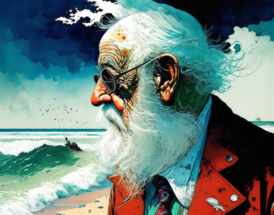 Elderly Man with White Beard, Sunglasses, Red Jacket, Seascape Background