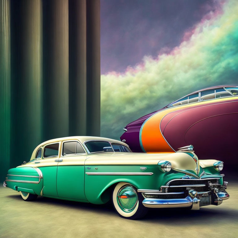 Vintage Cars with Glossy Finishes in Surreal Setting