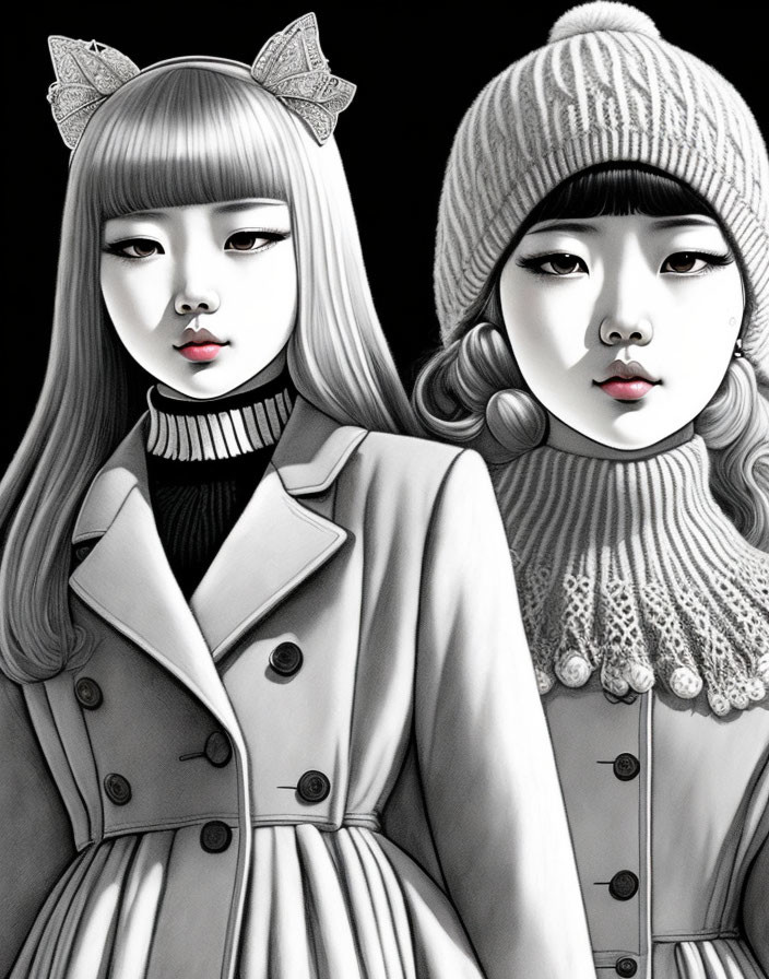 Illustrated girls in cat-ear headband and knit beanie in stylish winter attire