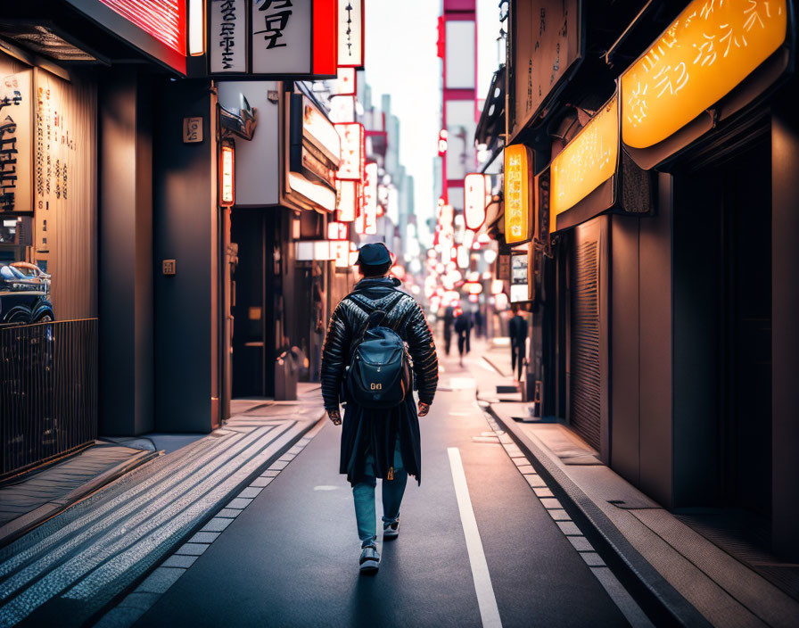 Urban exploration in vibrant city street with illuminated signage and traditional architecture.