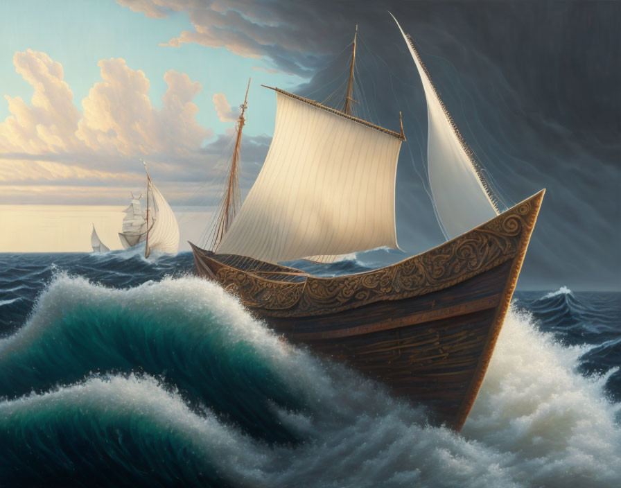 Detailed depiction of wooden ships on turbulent sea with dramatic sky.