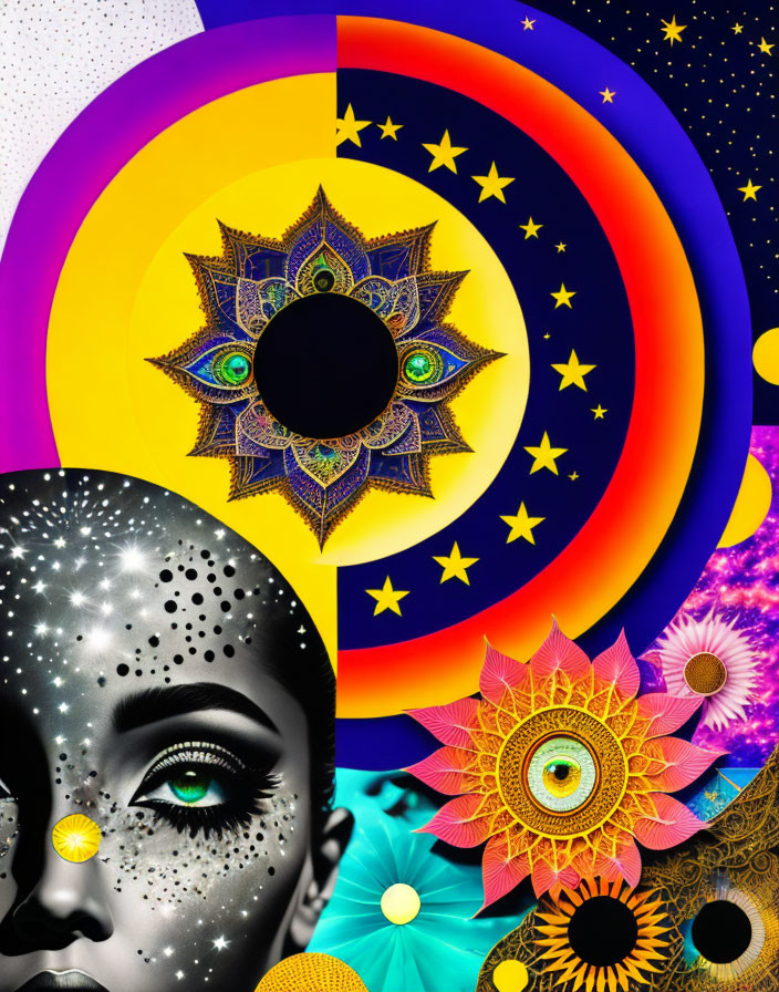 Colorful digital artwork: Woman's face with cosmic, floral elements, central eye, and rainbow halo