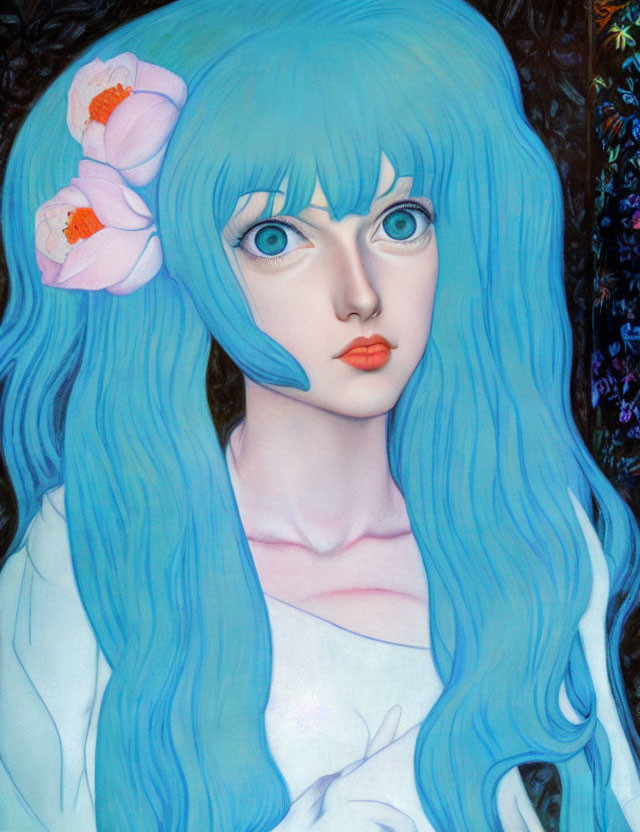 Illustration of person with vibrant blue hair, intense blue eyes, pink flower, and red lips.