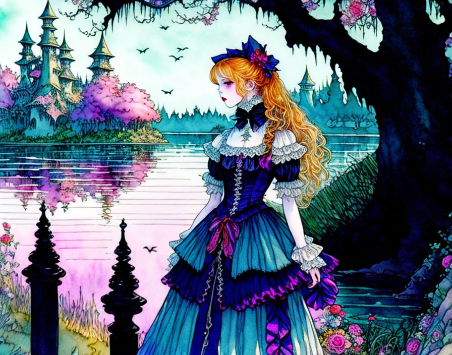 Detailed Victorian dress illustration by a lake with castle background