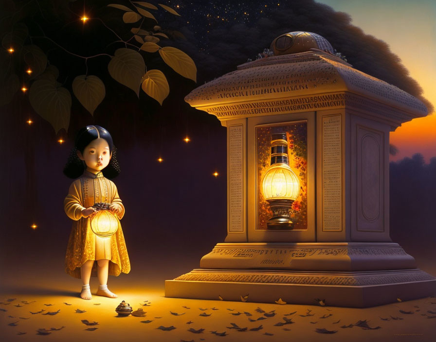 Young girl in traditional dress with lantern by large ornate lantern under glowing tree at twilight.