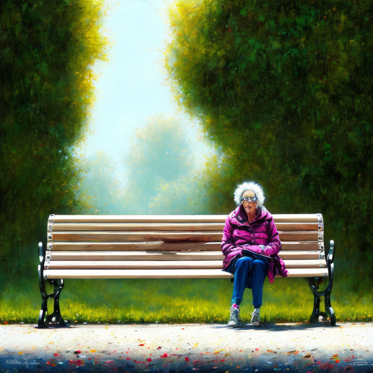 Elderly person in pink jacket and glasses on park bench with greenery and fallen petals