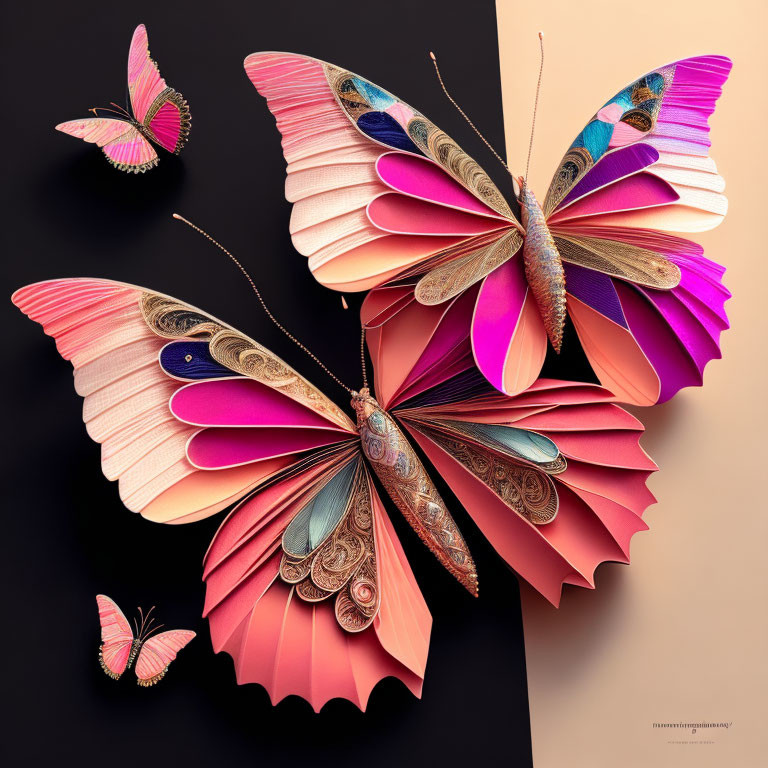 Colorful Paper Butterflies on Two-Toned Background