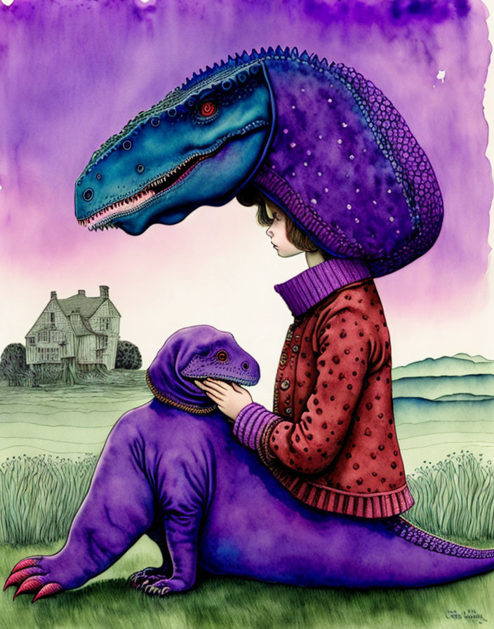 Illustration of girl with red sweater and purple dinosaur in pastoral setting