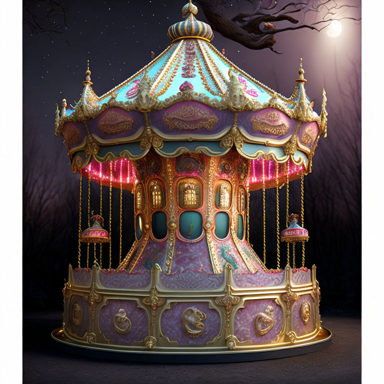 Intricate details of ornate carousel under moonlit sky