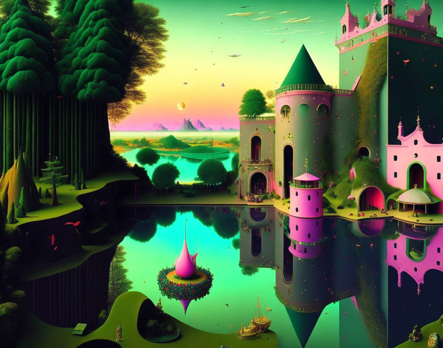 Fantasy landscape with pink castle, lake, and sunset sky