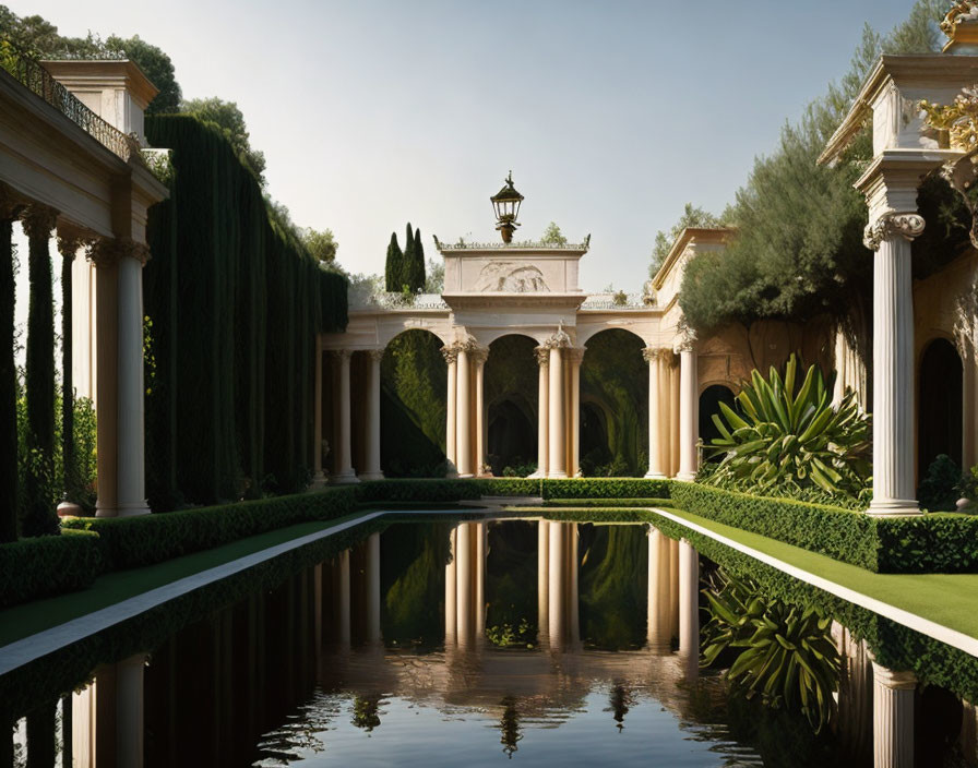 Tranquil garden with reflecting pool and classical archways